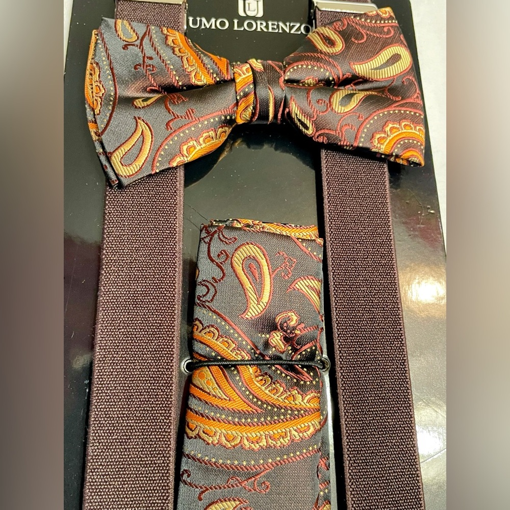 Men's Paisley Suspenders and Self-Tied Bow Tie with Pocket Square Hanky Set